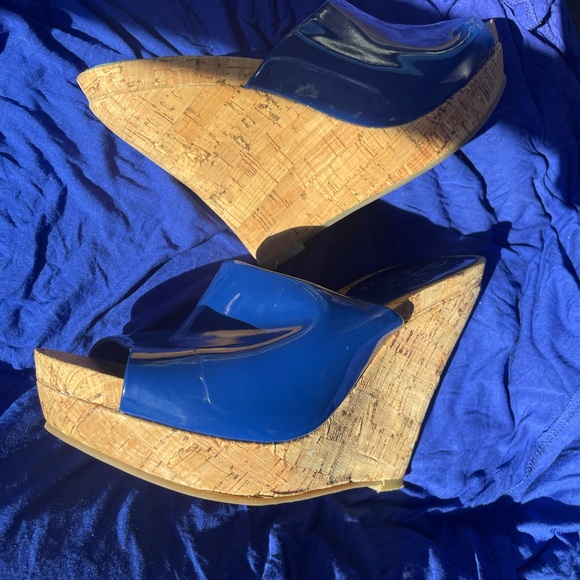 Jessica Simpson Royal Blue Gatty Cork Heel Wedge Slide In Mules Women Size 6.5 B - Picture 8 of 14